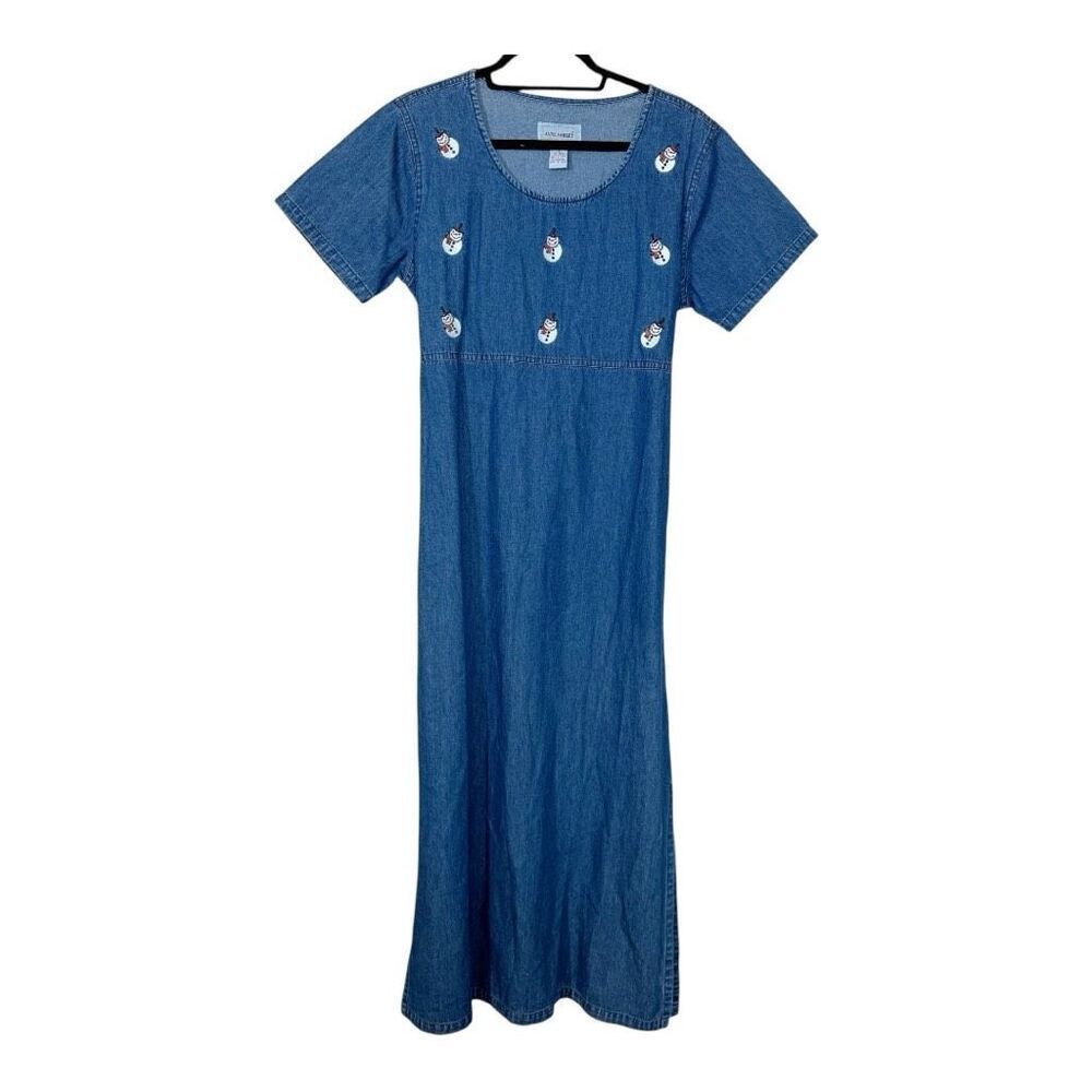 Jane Ashley Vintage Denim Embroidered Snowman Cottagecore Holiday Dress Medium
